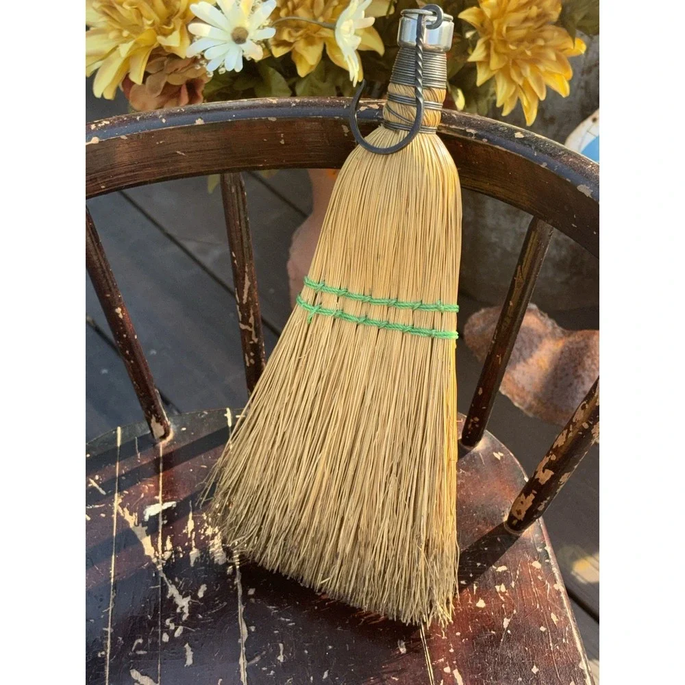 Vintage Straw Whisk Broom Hand Tied Metal Farmhouse  Cottagecore Forged Hook